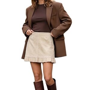 Vintage 90s Y2K beige genuine suede leather ruffle hem short mini skirt 13